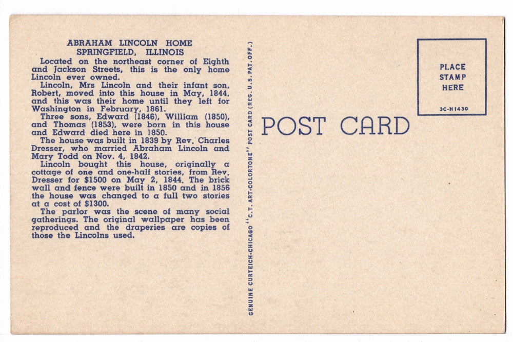 1955 Back Parlor of Abraham Lincoln’s Home Springfield IL Vtg Postcard.