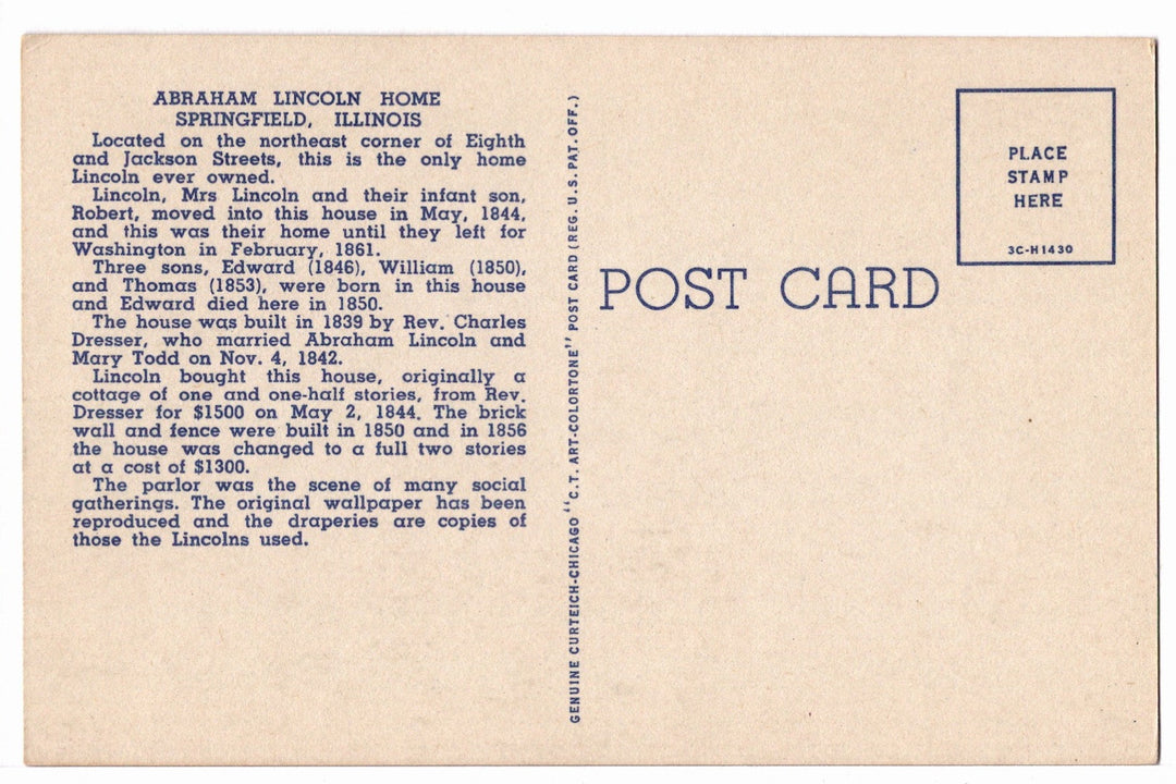 1955 Back Parlor of Abraham Lincoln’s Home Springfield IL Vtg Postcard.