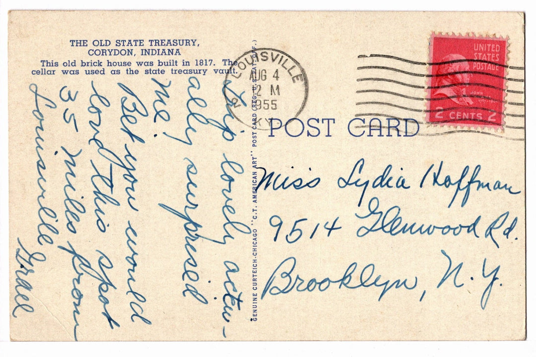 1955 Old State Treasury, Corydon, Indiana Vintage Postcard.