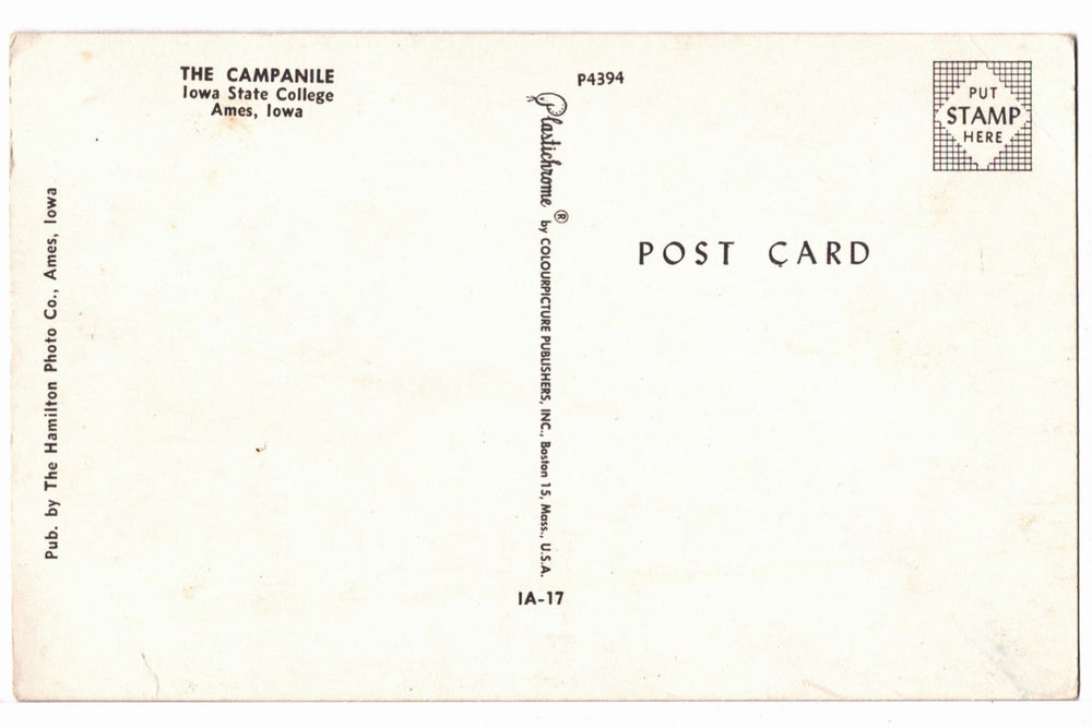 1950s The Campanile Iowa State University Ames Iowa Vintage Postcard.