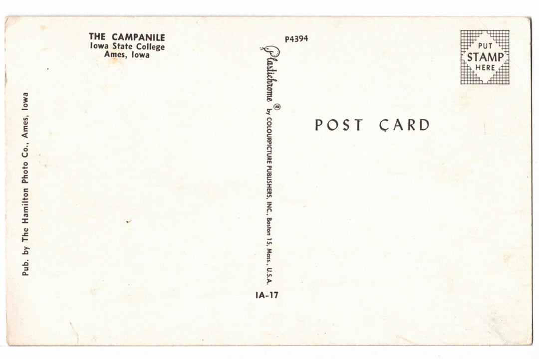 1950s The Campanile Iowa State University Ames Iowa Vintage Postcard.