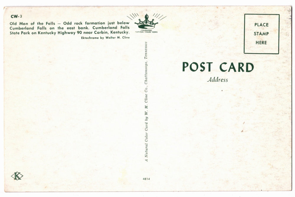 1960 Old Man of the Falls, Cumberland Falls Kentucky Vintage Postcard.