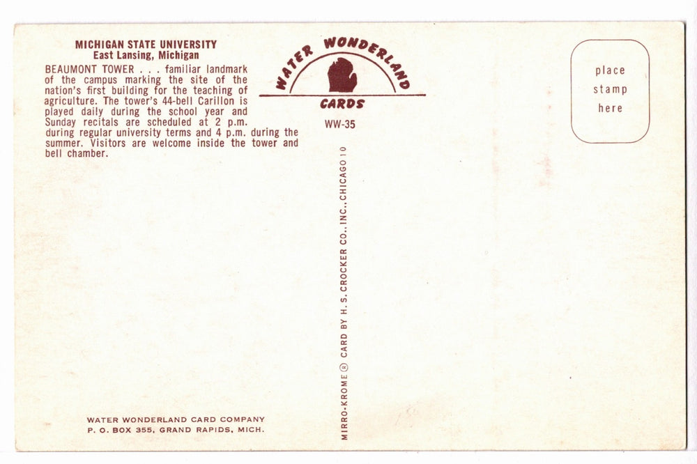 1950s Beaumont Tower at East Lansing, Michigan State University Postcard.