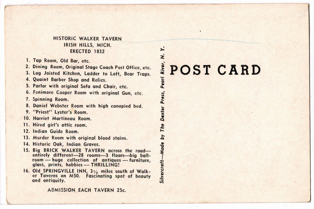 1930s Historic Walker Tavern in Irish Hills Michigan Vintage Postcard.