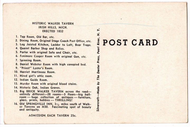 1930s Historic Walker Tavern in Irish Hills Michigan Vintage Postcard.