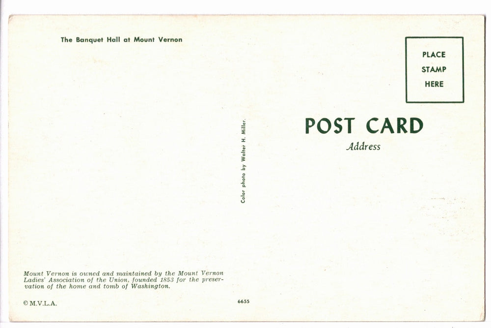 1950s The Banquet Hall at Mount Vernon Vintage Postcard.