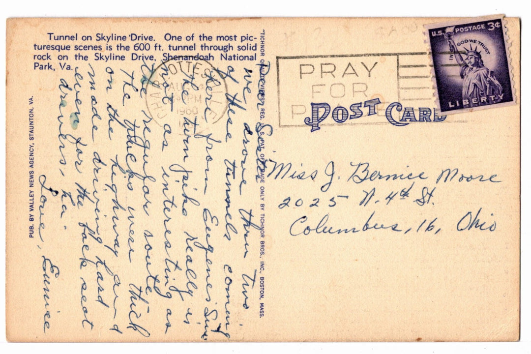 1960s Marys Rock Tunnel Shenandoah National Park VA Vintage Postcard.