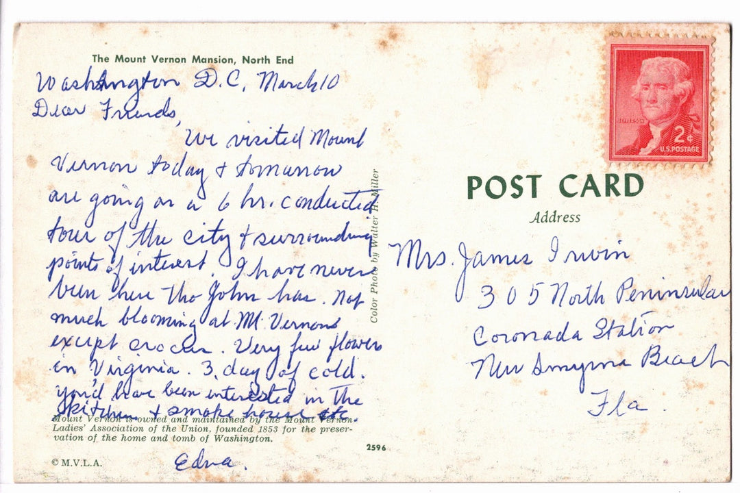1950s Mount Vernon Mansion, North End, Virginia Vintage Postcard.
