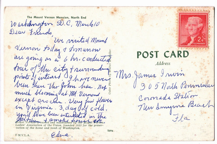 1950s Mount Vernon Mansion, North End, Virginia Vintage Postcard.