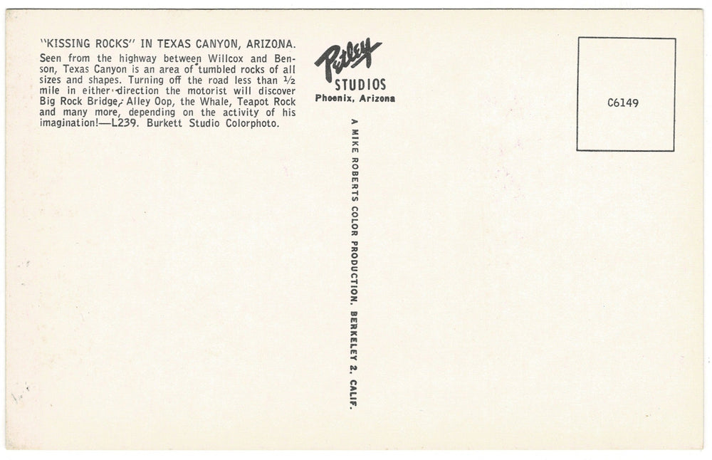 Kissing Rocks Texas Canyon Arizona Vintage Postcard, back view.