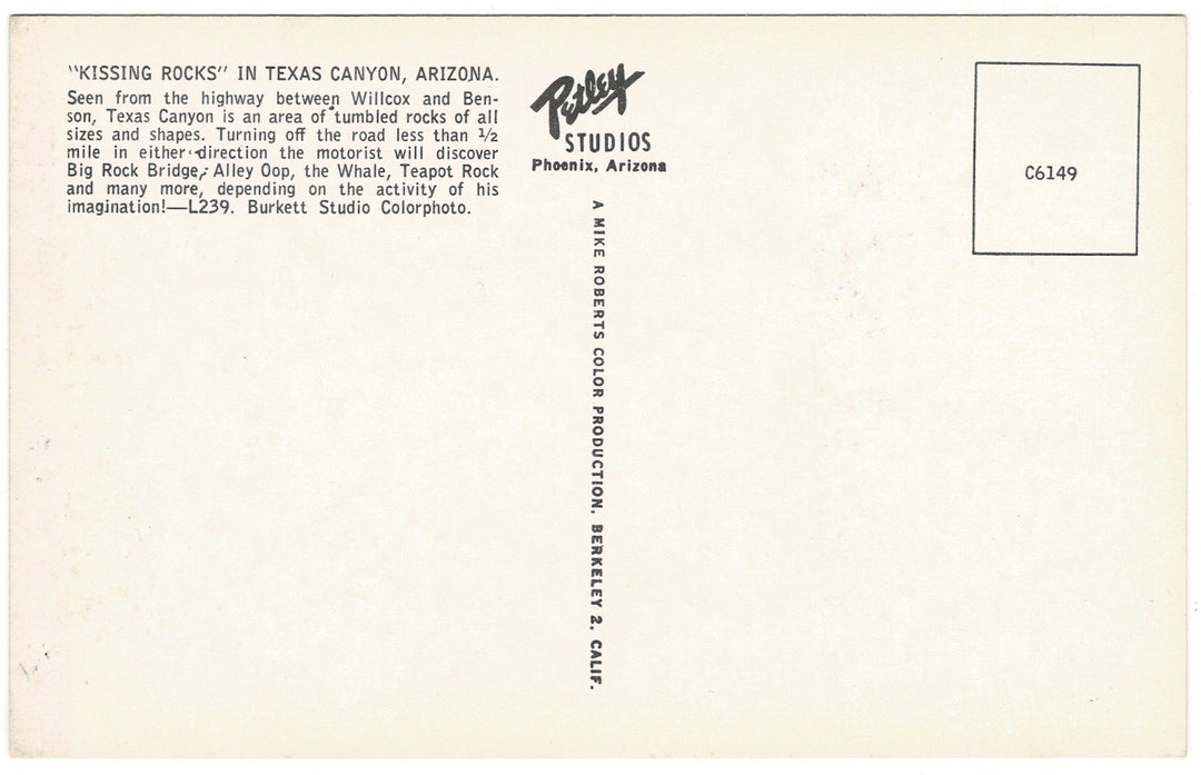Kissing Rocks Texas Canyon Arizona Vintage Postcard, back view.