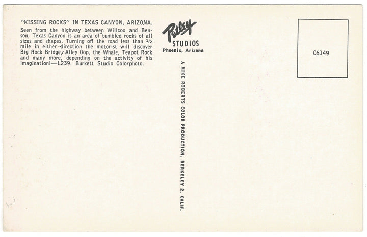 Kissing Rocks Texas Canyon Arizona Vintage Postcard, back view.