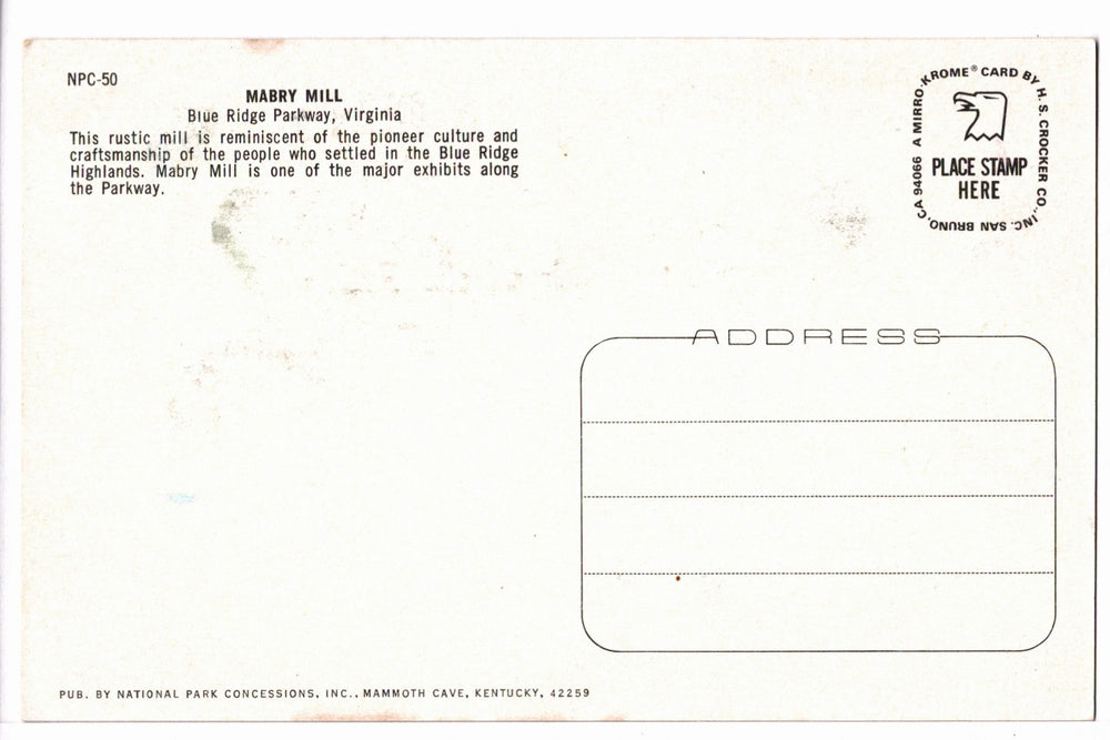 1960s Mabry Mill, Blue Ridge Parkway, Appalachia, Virginia Vtg Postcard.