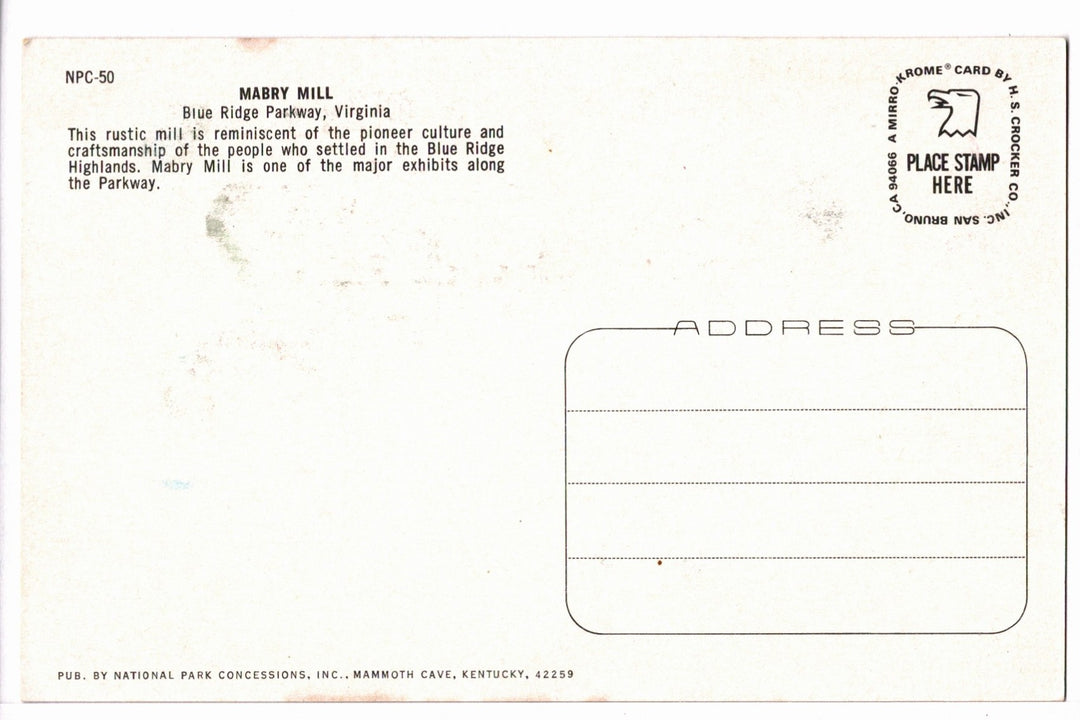 1960s Mabry Mill, Blue Ridge Parkway, Appalachia, Virginia Vtg Postcard.