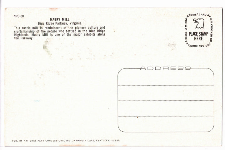 1960s Mabry Mill, Blue Ridge Parkway, Appalachia, Virginia Vtg Postcard.