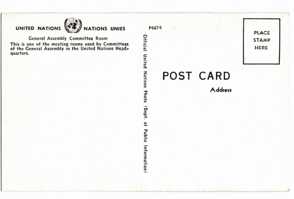 1960s United Nations Meeting Chamber NYC Vintage Postcard, back.