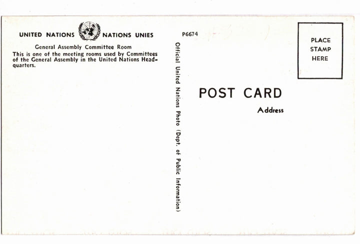 1960s United Nations Meeting Chamber NYC Vintage Postcard, back.