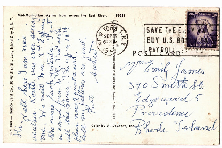 Historic New York Skyline Vintage Postcard, back of card.
