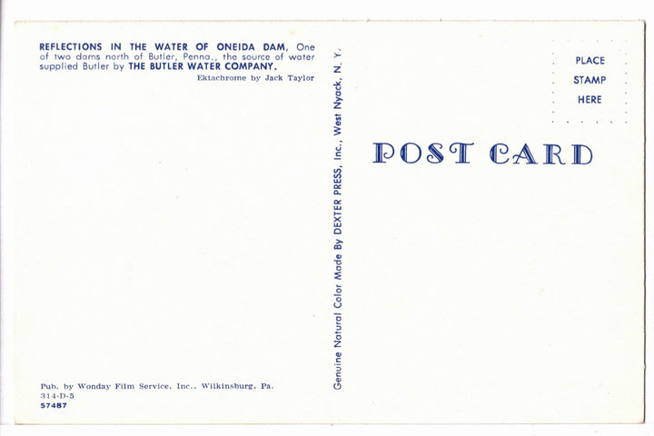 1950s Fishing at Oneida Dam Butler Pennsylvania Vintage Postcard, back.