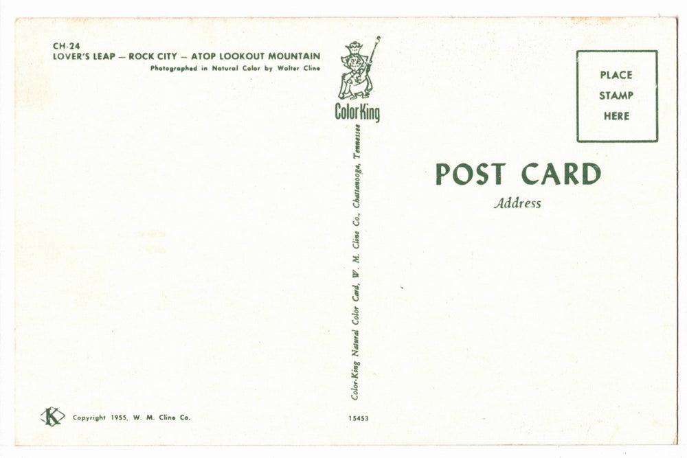 1950s Rock City’s Legendary Lover’s Leap Vintage Postcard, back.