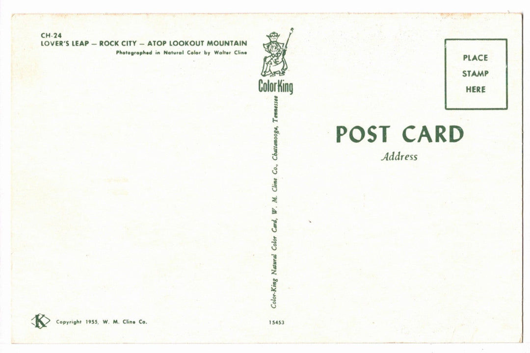 1950s Rock City’s Legendary Lover’s Leap Vintage Postcard, back.