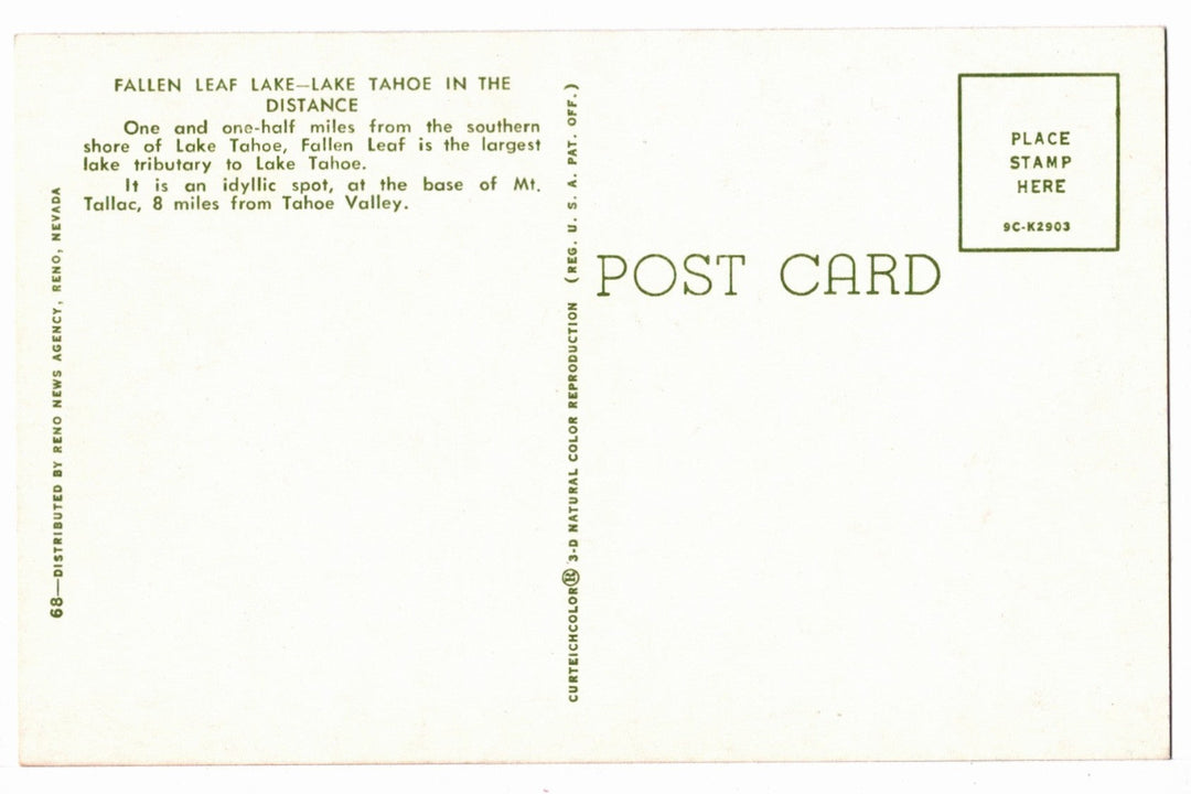 1950s Fallen Leaf and Tahoe’s Eternal Blue Vintage California Postcard, back.