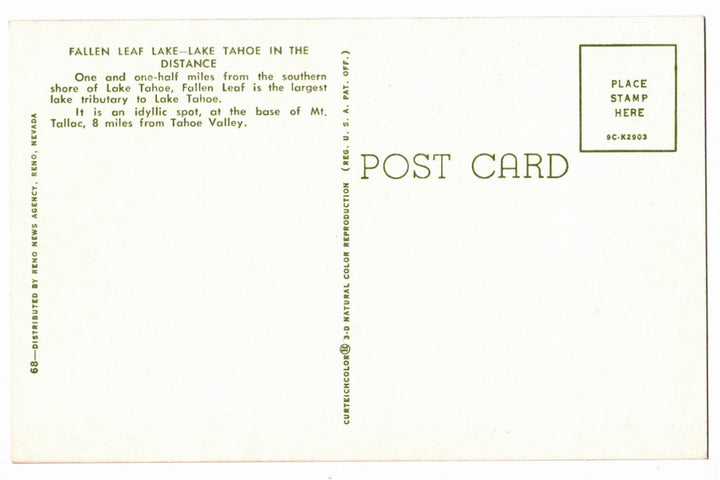 1950s Fallen Leaf and Tahoe’s Eternal Blue Vintage California Postcard, back.