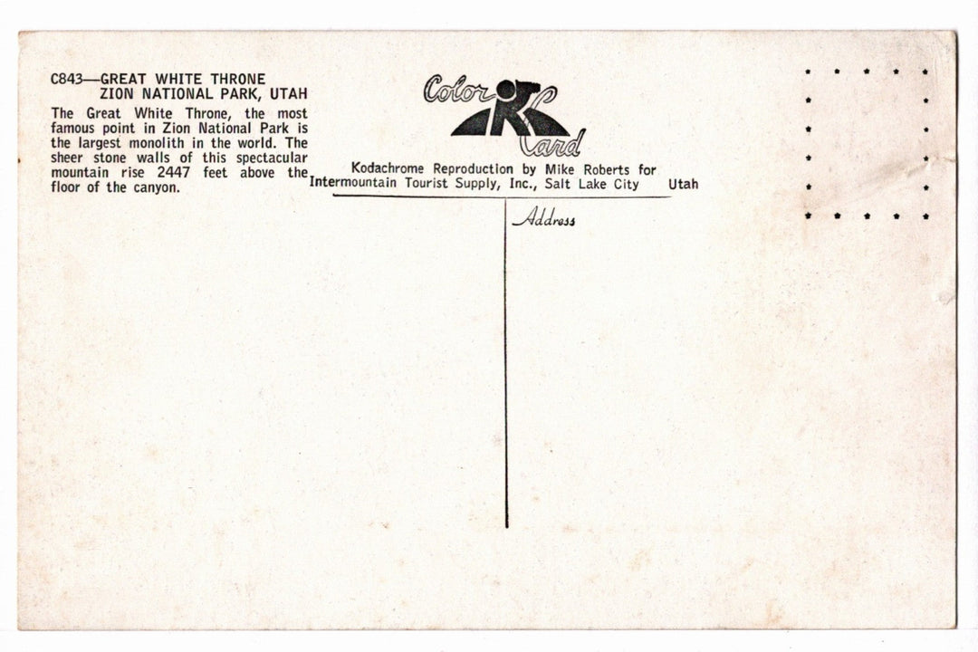 1950s Majestic Throne of Zion Utah Vintage Postcard, back.