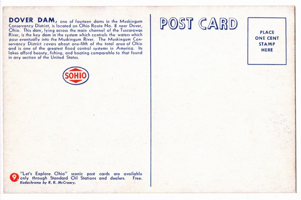 1940s Dover Dam on the Tuscarawas River Ohio Vintage Postcard, back.