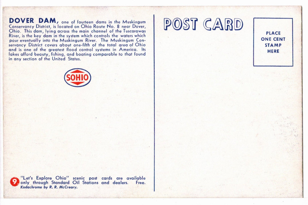 1940s Dover Dam on the Tuscarawas River Ohio Vintage Postcard, back.