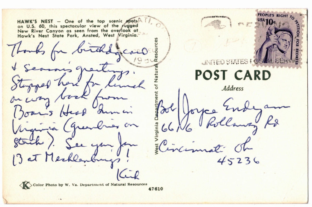 1980s West Virginia Hawk’s Nest State Park Vintage Postcard, back