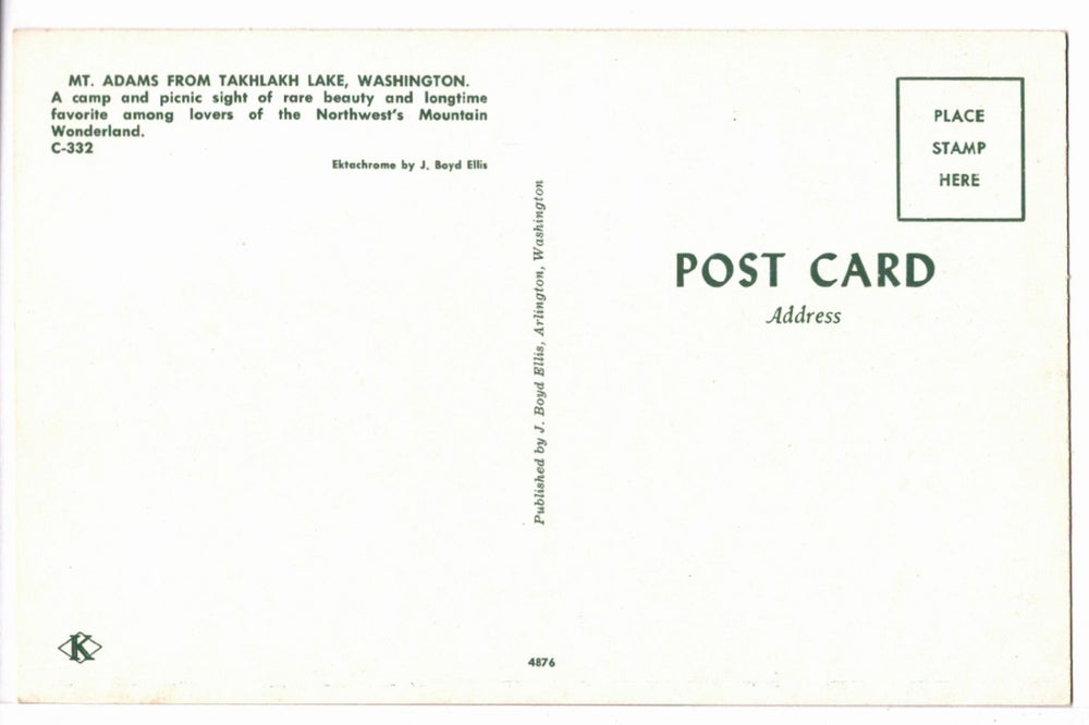 1950s Mirrored Mountain Majesty: Mt Adams WA Vintage Postcard, back.