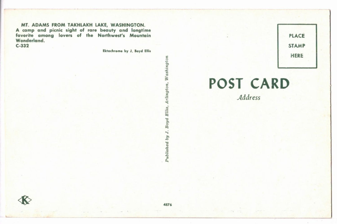 1950s Mirrored Mountain Majesty: Mt Adams WA Vintage Postcard, back.