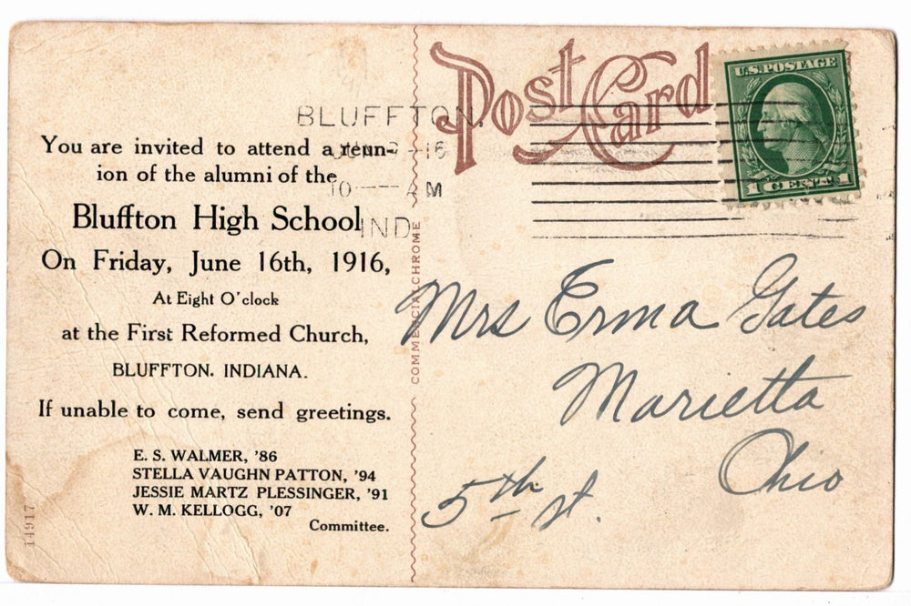 Vintage postcard with handwritten text and a postage stamp, featuring an invitation to an alumni reunion of Bluffton High School.