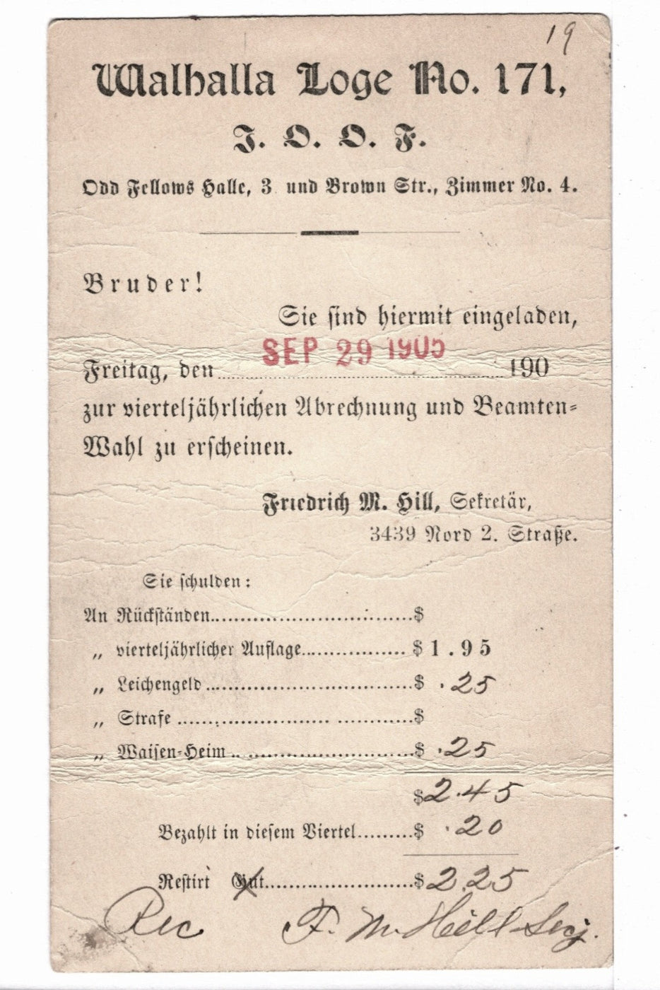 UX18 Postal Card McKinley 1c Sep 15 1905 Odd Fellows Lodge Dues Owed.