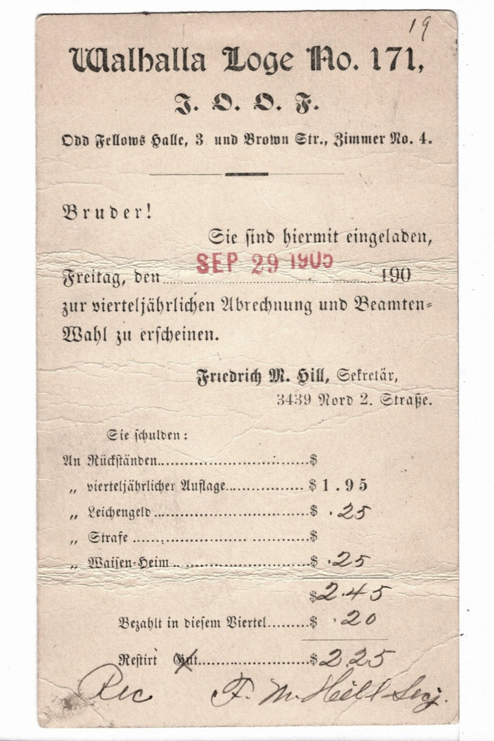 UX18 Postal Card McKinley 1c Sep 15 1905 Odd Fellows Lodge Dues Owed.