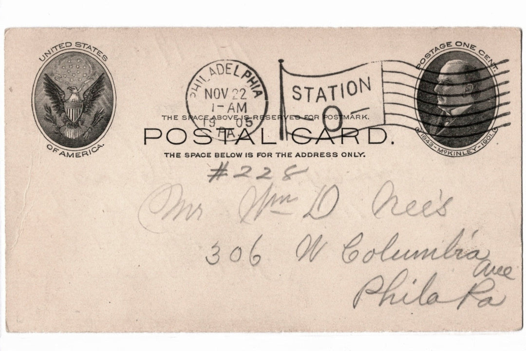 UX18 Postal Card McKinley 1c Nov 22 1905 A Social Referral.