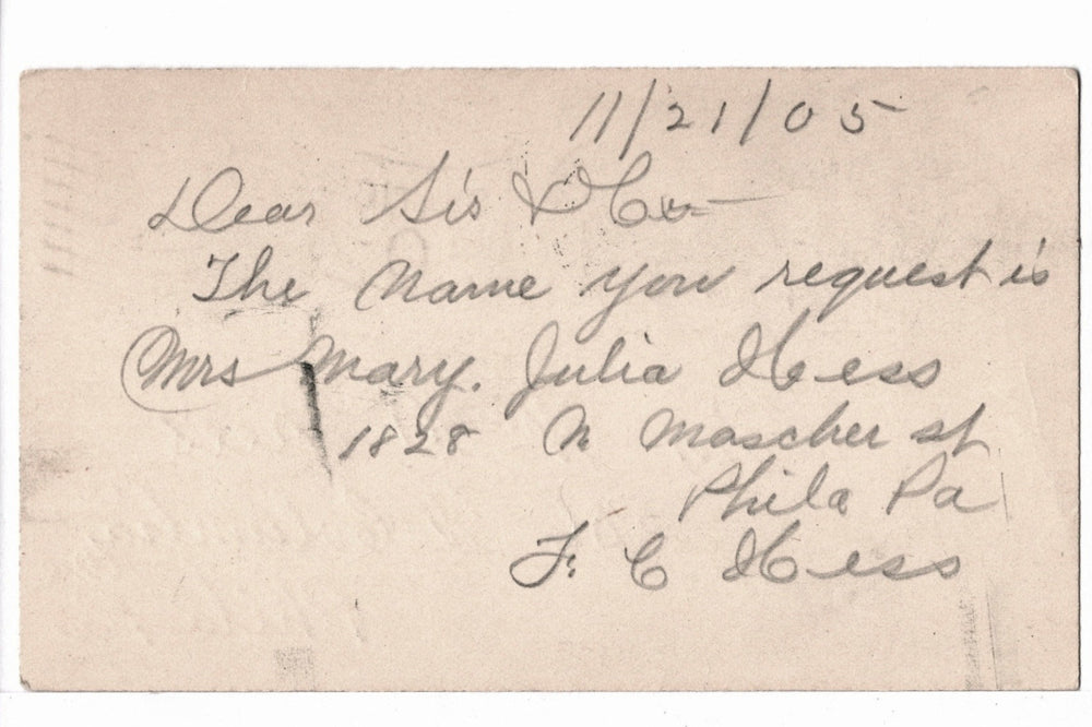 UX18 Postal Card McKinley 1c Nov 22 1905 A Social Referral.