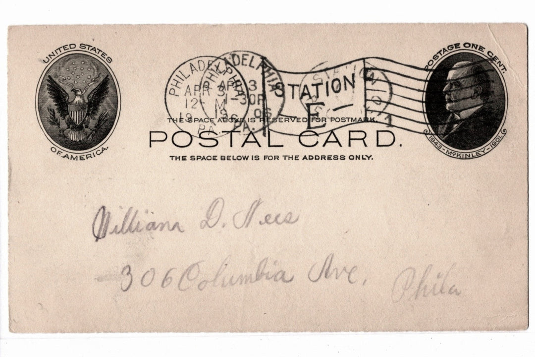 UX18 Postal Card McKinley 1c April 3 1906 Address Relayed.