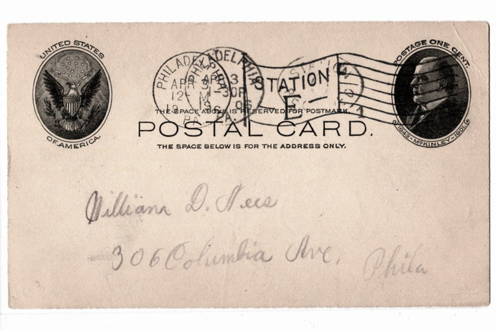 UX18 Postal Card McKinley 1c April 3 1906 Address Relayed.