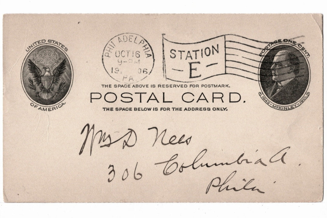 UX18 Postal Card McKinley 1c Oct 16 1906 Pennsylvania Ruth McKibbrin.