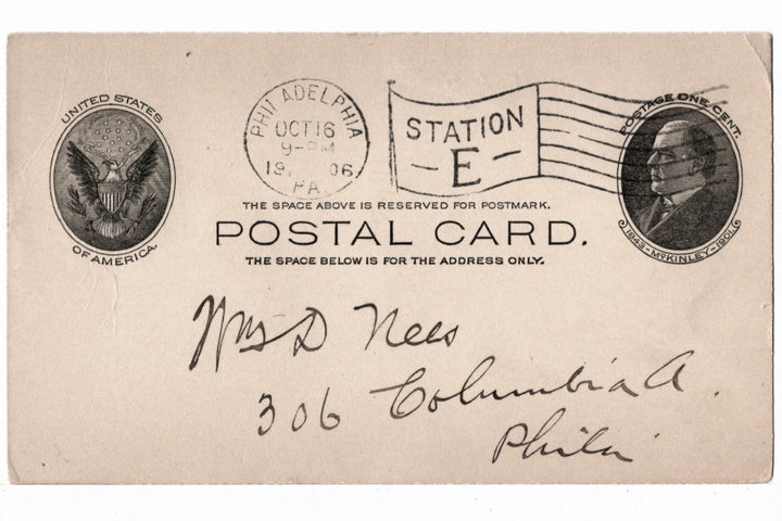UX18 Postal Card McKinley 1c Oct 16 1906 Pennsylvania Ruth McKibbrin.