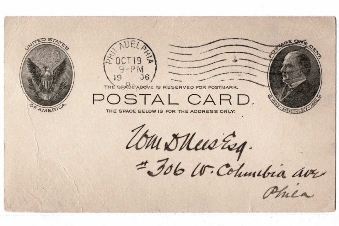 UX18 Postal Card McKinley 1c Oct 19 1906 Philadelphia Land Survey.