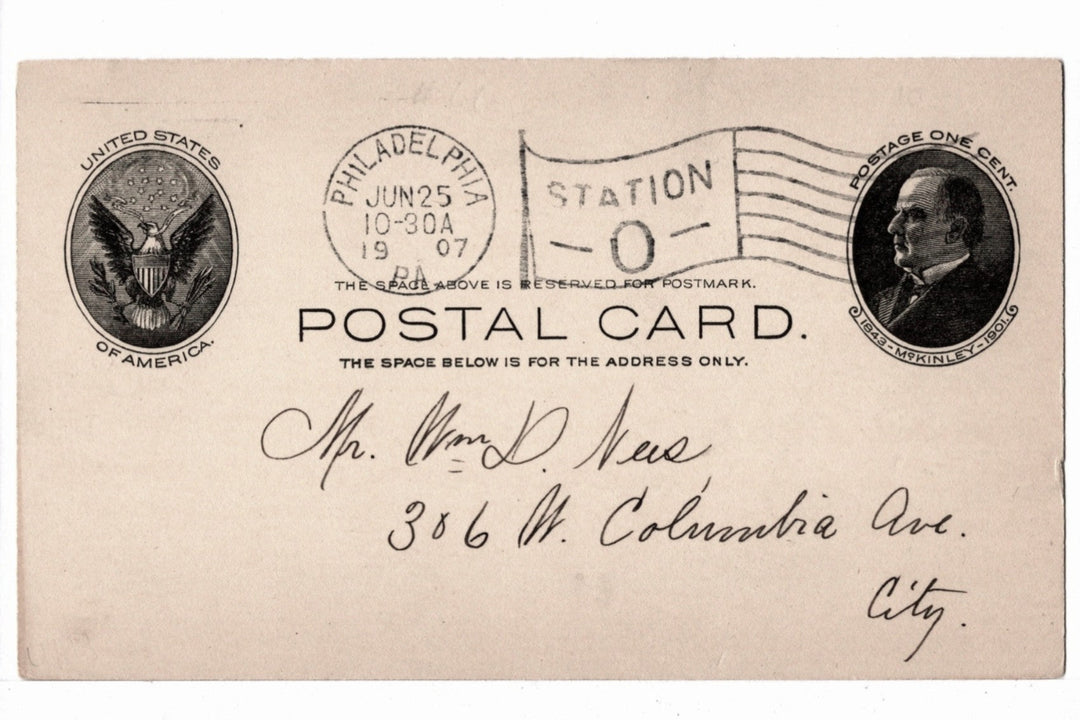 UX18 Postal Card McKinley 1c Jun 25 1907 Accounting Correction.