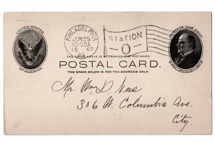UX18 Postal Card McKinley 1c Jun 25 1907 Accounting Correction.
