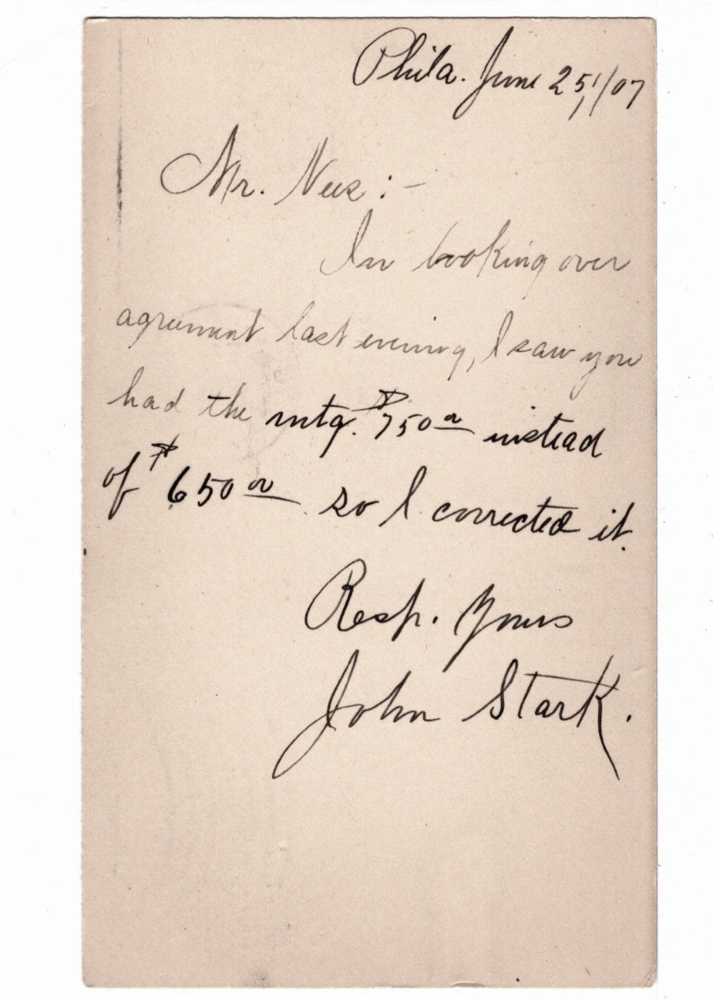 UX18 Postal Card McKinley 1c Jun 25 1907 Accounting Correction.