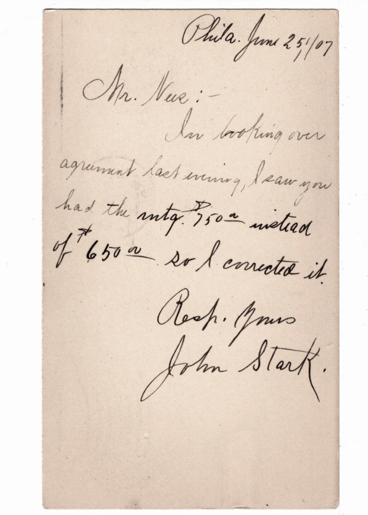 UX18 Postal Card McKinley 1c Jun 25 1907 Accounting Correction.