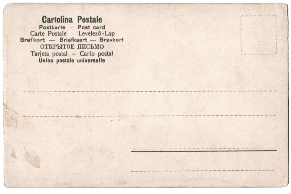 Back of a vintage postcard with text in multiple languages.