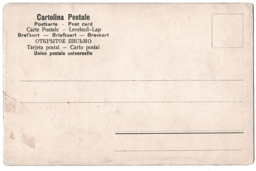 Back of a vintage postcard with text in multiple languages.