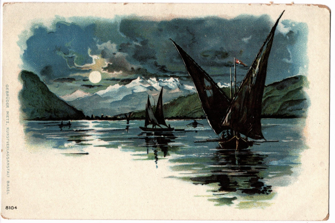 1900s Lake Geneva Barques du Léman Swiss Vintage Art Postcard UDB.